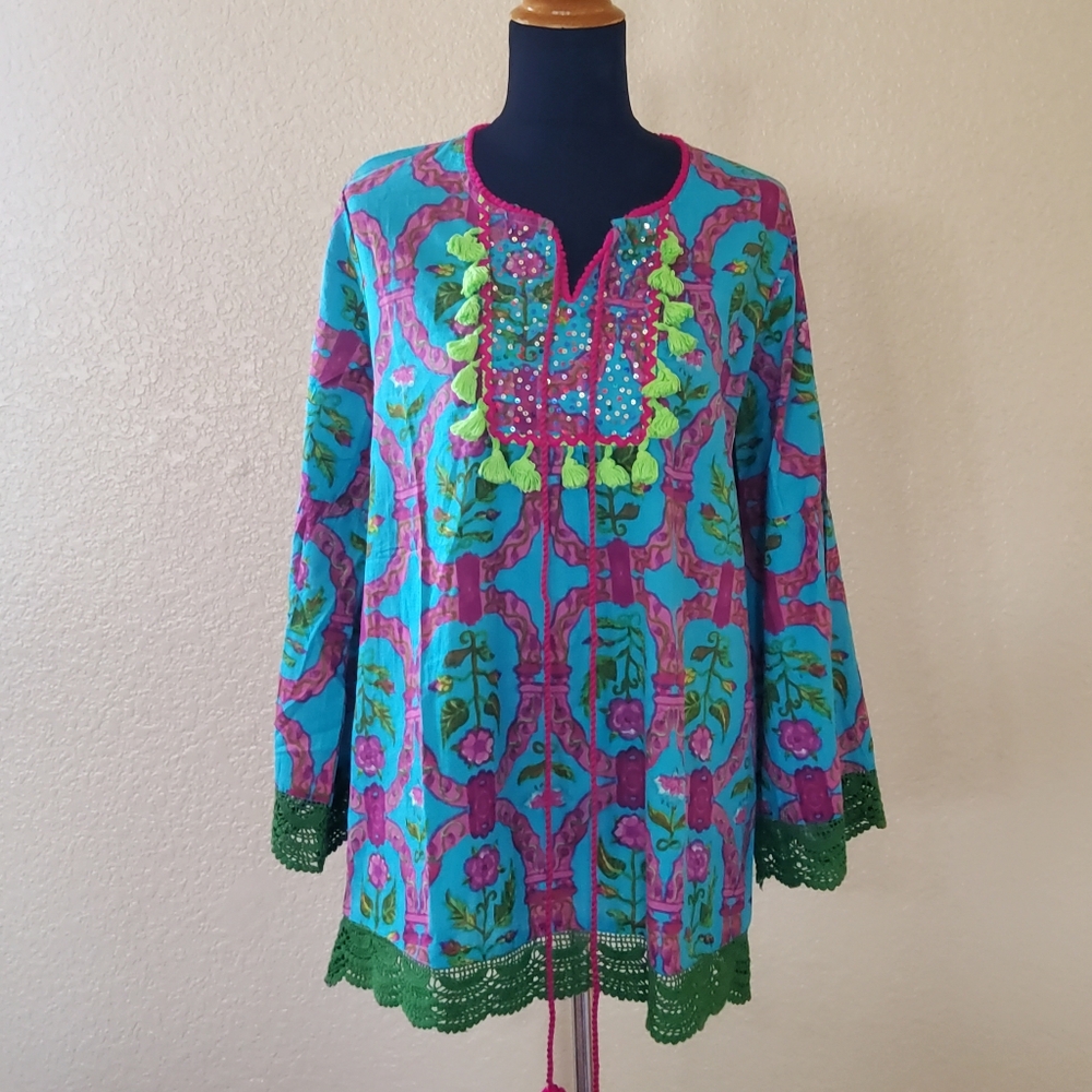 Fig & Vine Peasant Embroidered Sequin Beaded Multi Color Long Sleeve Tunic Top M